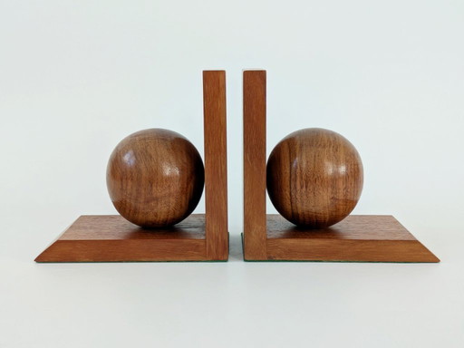 Pair of Midcentury Oak Bookends with Polished Wood Spheres