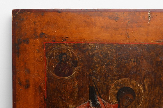Image 1 of Icono religioso ruso del siglo XIX de San Jorge y el dragón, pintado a mano sobre madera.