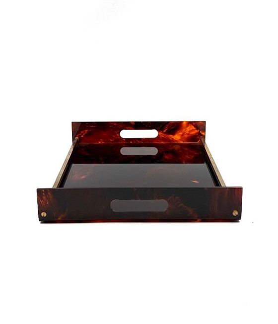 Image 1 of Hollywood Regency dienblad van messing en lucite met schildpadmotief, Italië, jaren 70.