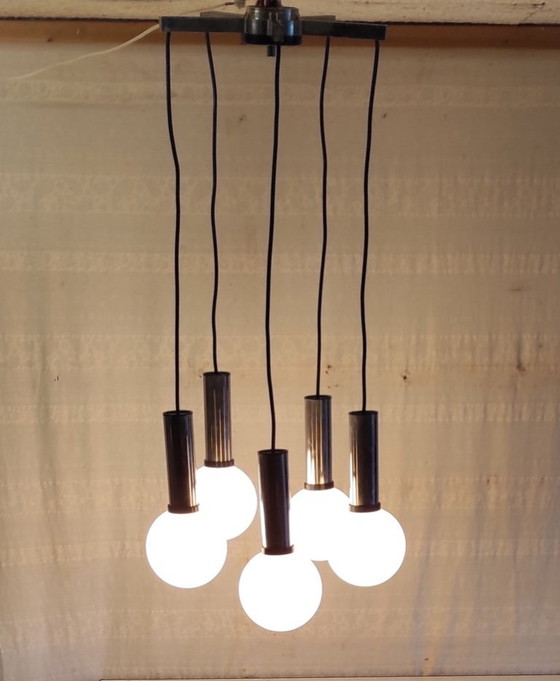 Image 1 of 5-Light Cascading Pendant Light in Chromed Metal and Opaline Glass Globe - 1960s/70s