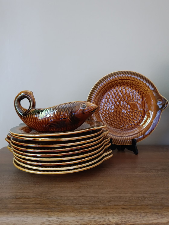 Image 1 of Service assiettes poissons et saucière de Sarreguemines France, 1950