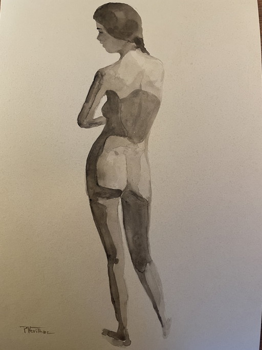 Retrato femenino en acuarela sepia monocromático "Juego de sombras"