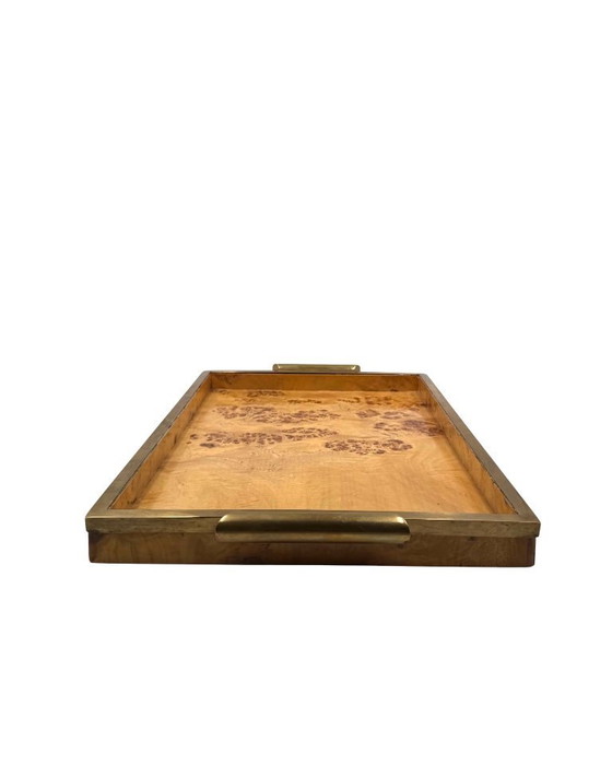 Image 1 of Hollywood regency brass & burl tray, Italy 1970s