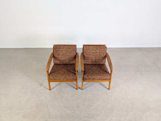 Image 1 of Ensemble de 2 fauteuils vintage style Midcentury, en noyer, années 1970