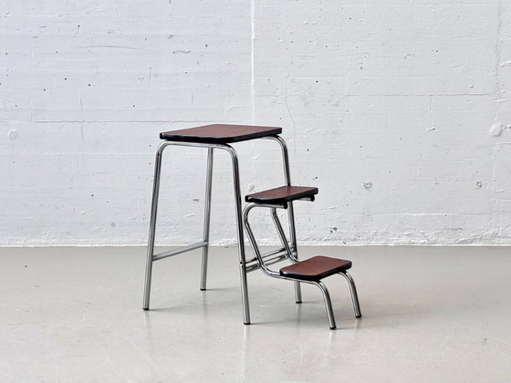 Image 1 of Tabouret vintage avec revêtement en similicuir marron et structure chromée