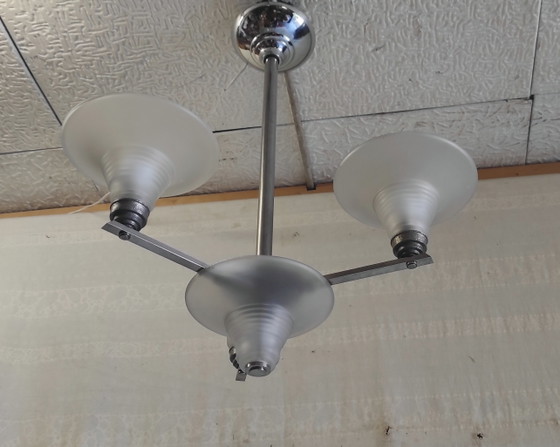 Image 1 of Art Deco kroonluchter met 4 lampen, gemaakt van metaal en glas - jaren 1930/40