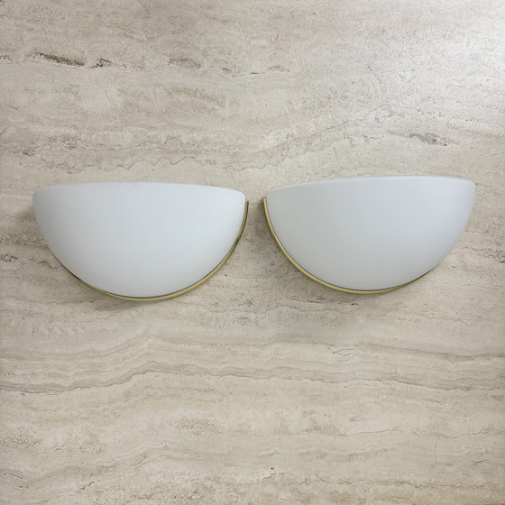 Image 1 of Paar Limburger Glashütte Wandleuchte Leuchter Opalglas mit goldenen Details , 1970er Jahre