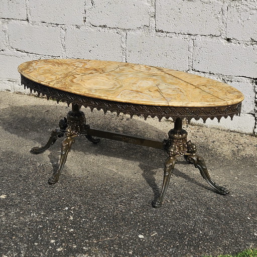 French Antique Onyx Marble and Brass Coffee Table - Marble Cocktail Table - Rococo Style - 1920s