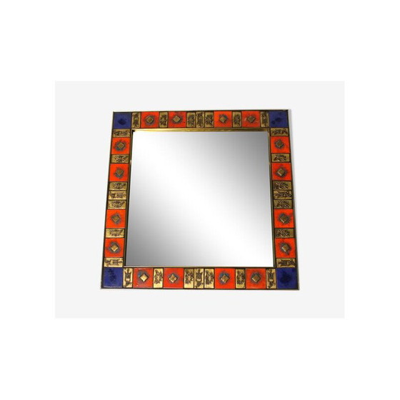 Image 1 of Square vintage mirror in gilded brass and glazed ceramic, 1970