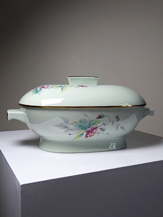 Image 1 of Zuppiera vintage in porcellana celadon di Limoges, Francia, in stile Art Déco con decorazioni floreali.