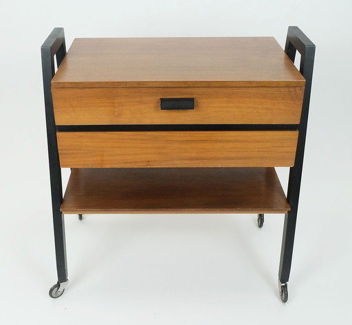 Extendable 1960S Mid Century Sewing Cart Sewing Box Walnut And Black Lacquered Wood