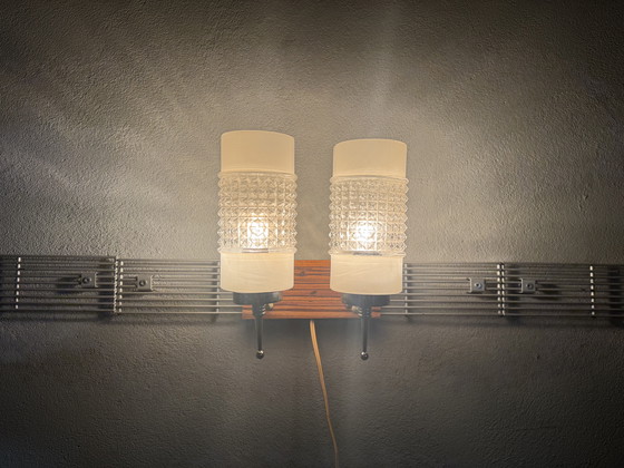 Image 1 of Lampada da parete vintage con tubi di vetro e piastra posteriore in legno