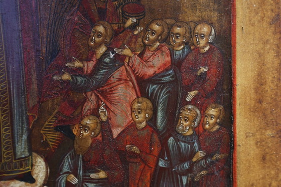 Image 1 of Icona religiosa tradizionale del XIX secolo in legno di quercia Madre di Dio, gioia di tutti i dolenti