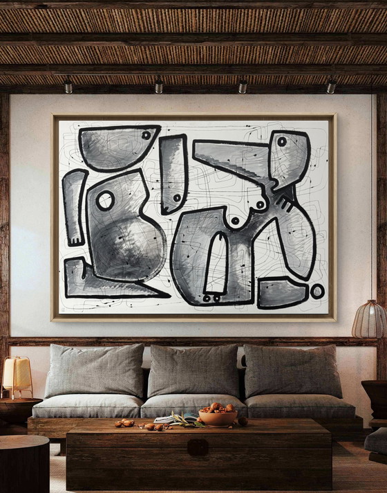 Image 1 of Gigantisch kubistisch schilderij op canvas "Interieurarchitectuur" 140 x 100 cm