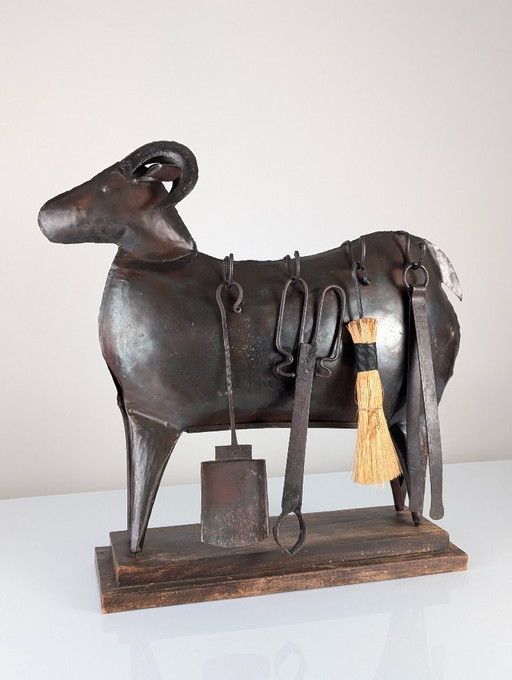 Brutalist Ram Shaped Fireplace Tool Set in Hand Forged Metal, Lalanne Style