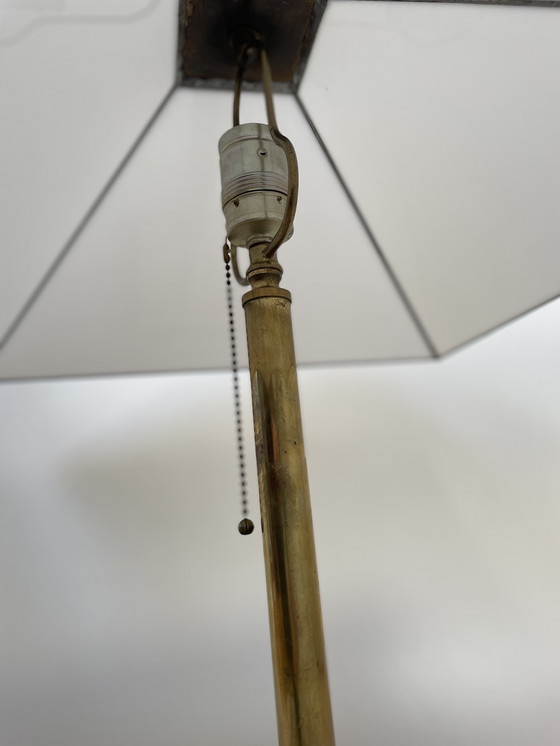 Image 1 of Vintage Art-deco Frank Lloyd Wright style opal stained glass lamp - glas-in-lood met messing