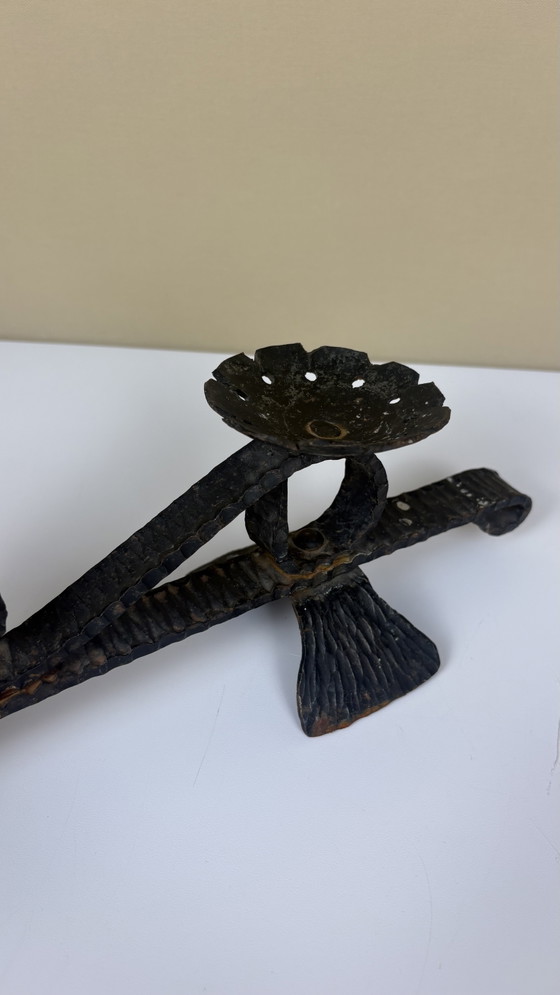 Image 1 of Brutalist forged black iron handmade Scandinavian Viking boat candlestick