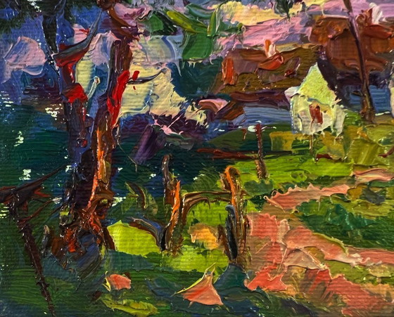 Image 1 of Original Oil Painting Rural Evening Landscape Edge Of The Village