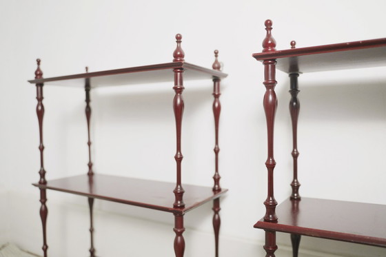 Image 1 of Mahogany-Finish Hanging Wall Shelf Set of 2 Pair, Traditional Spindle Display Shelves, Vintage Colonial Style Decorative Modula