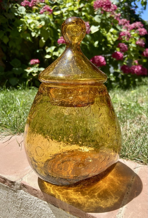 Vintage Biot Amberkleurige bubbelglazen bonbonnière met deksel – Frans handgeblazen glas – jaren 60