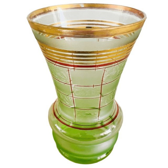 Image 1 of Vaso De Rupel in vetro verde Art Deco Booms con linee dorate, anni '30