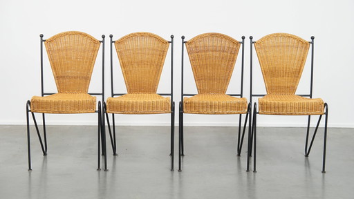 4 x Chaise de salle à manger vintage de Frederick Weinberg en fonte et osier