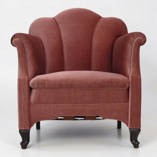 Dänischer Sessel aus den 1950er Jahren, lachsrosa Veloursbezug, Eichenholz.