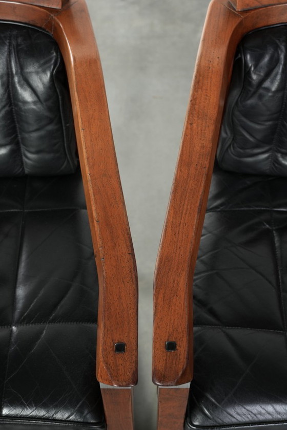 Image 1 of Ensemble de 4 chaises de salle à manger de luxe en cuir noir, design Art déco, par Schuitema