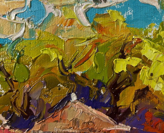 Image 1 of Original Oil Painting Autumn Village Landscape Warm evening sun sets over the horizon