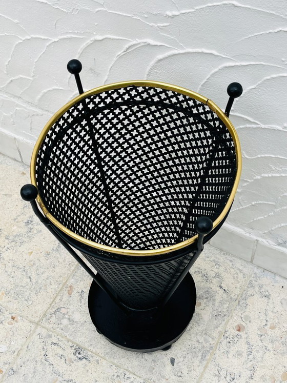 Image 1 of Vintage umbrella stand in black perforated metal and brass