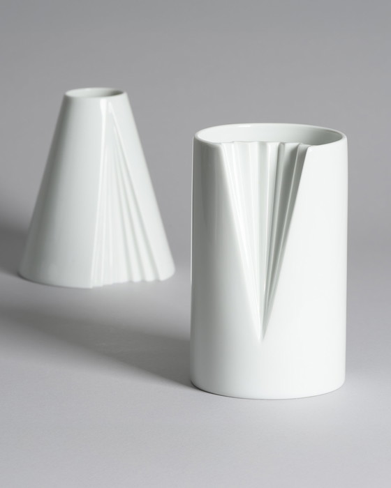 Image 1 of Chic Vintage Rosenthal Plissée Vase Duo Ambrogio Pozzi Minimalist Porcelain Art
