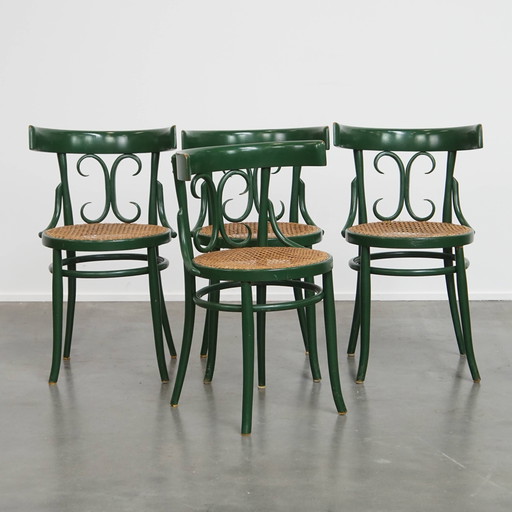 4 x Groene Vintage Bistro Stoel met een Gematte Rieten Zitting