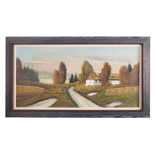 Peinture "La ferme sur le côté", design scandinave, années 1970