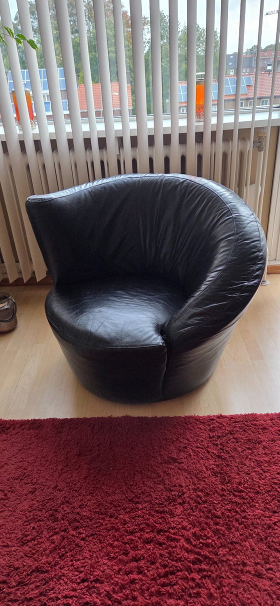 Vladimir Kagan stijl Nautilus reproductie., Possibly Weiman., Fauteuils, Leer, Zwart, Vintage (foto 2 van 15)