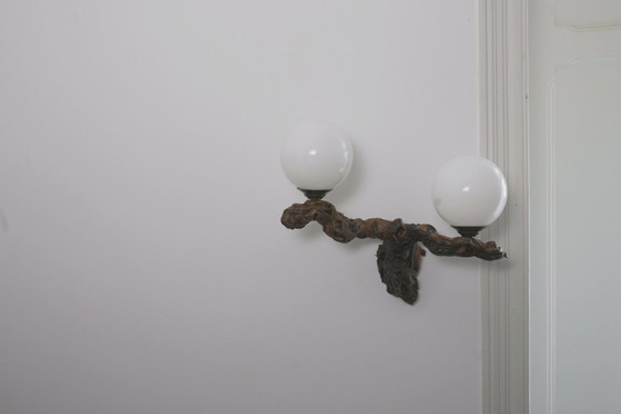 Image 1 of  Vintage Driftwood Wall Lamp Double Opaline Globe Sconce Vine Root Light Fixture Organic Brutalist Lighting Handmade Wall Light 