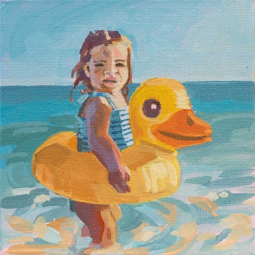 Jeune fille au bord de la mer, impressionnisme contemporain en miniature, 10 x 10 cm ; Sandra Kolondam