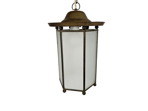 Lantaarn - Hanglamp - Glas - Metaal - Koper - Amsterdamse School - 1950's