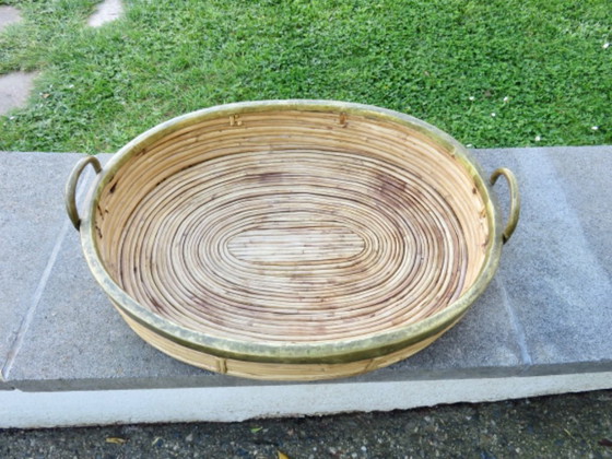 Image 1 of Großes Tablett im Stil von Gabriella Crespi, Bambus und Messing, 1970