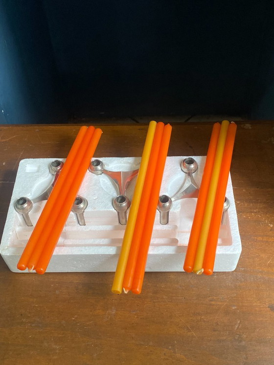 Set van 3 S22 kandelaars en 9 verstelbare NAGEL kaarsen, vintage jaren 70, originele doos (photo 4 of 20)