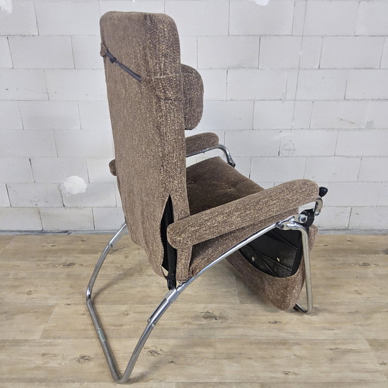 Image 1 of Vintage Verstelbare Relaxfauteuil Chroom / grijs / bruin stof / luie stoel / reclining chair