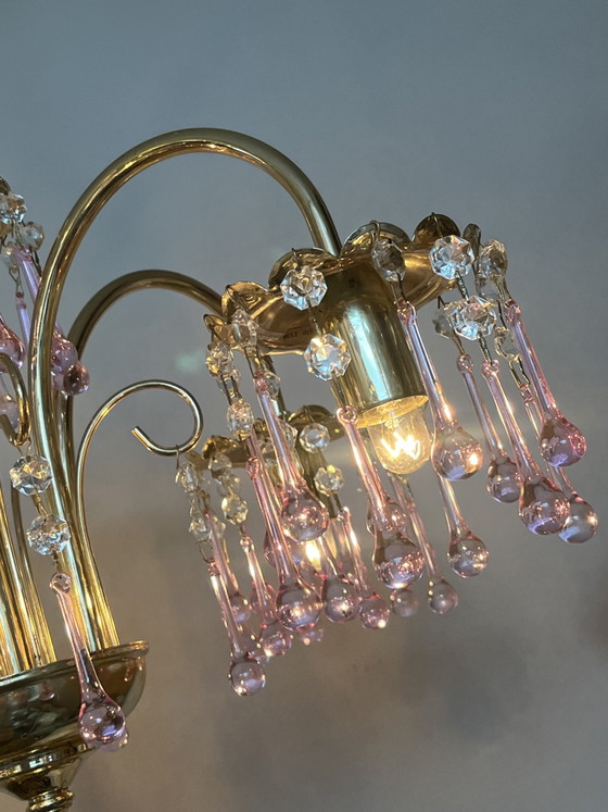 Image 1 of XL Vintage Chandelier Pink Teardrop Pendant Lamp from Murano