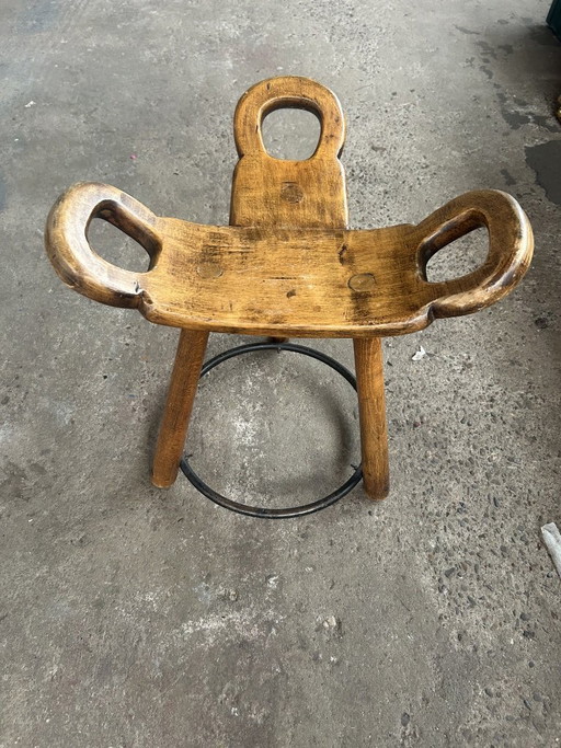 Tabouret en bois de style brutaliste espagnol vintage