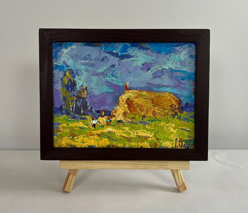 Original Oil Painting Summer Field Landscape Harvesting hay in the field