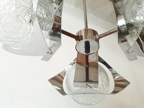 Image 1 of LUSTRE PLAFONNIER SPUTNIK 1970 VINTAGE 3 BOULES VERRE & ACIER CHROME 70S 70'S
