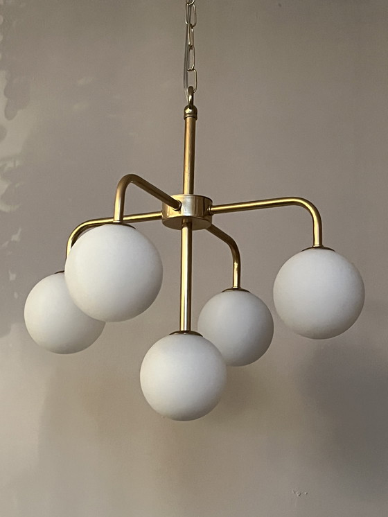 Image 1 of Vintage Spherical Pendant Lamp Gold Frame Milk Glass