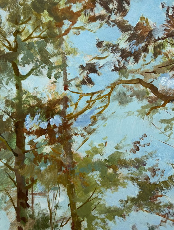 Image 1 of Original Oil Painting Winter Forest Landscape Walking through the snowy forest