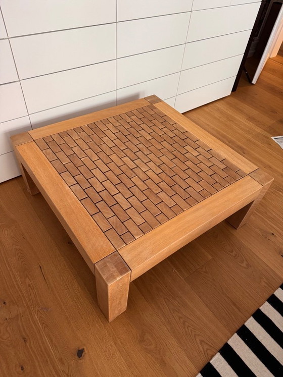 Image 1 of Salontafel met houten mozaïek inleg, brutalistische stijl, massief eikenhout