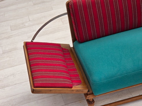 Image 1 of 1950s, Danish 2 seater drop arm sofa, original striped red furniture wool, oak wood.