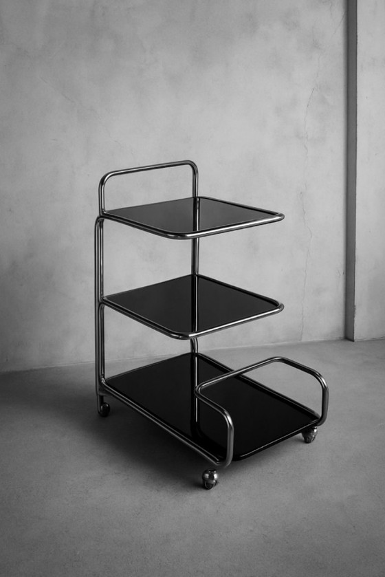 Image 1 of Vintage Mid-Century German Modern Bauhaus Chrome & Glass Serving Trolley or Bar Cart, 1960s