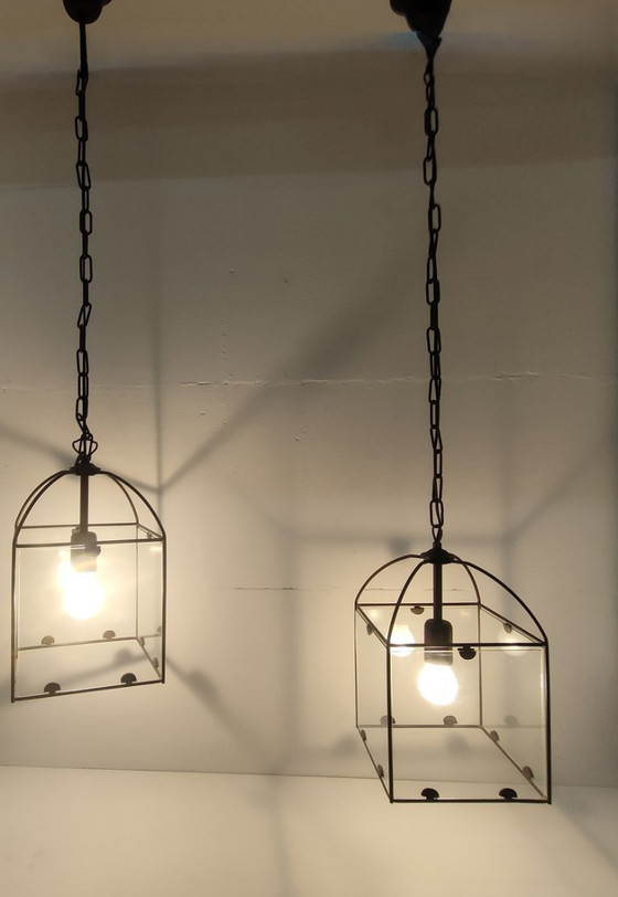 Image 1 of Ensemble de lampes suspendues rétro Amedi en verre/métal des années 90 (1 grande/double) 2 simples.